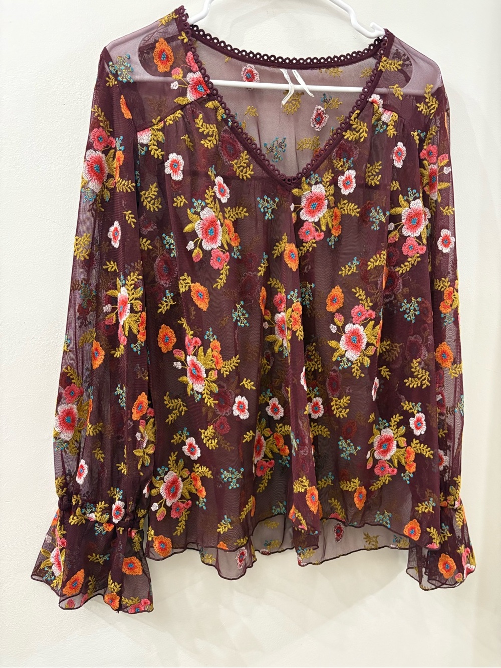 Feather and bone -Anthropologie -Sheer Floral Embroidered V-Neck Top in Burgundy - Picture 1 of 5
